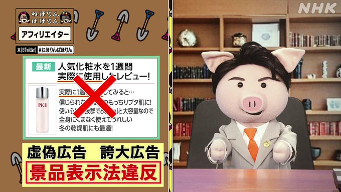 染谷隆明弁護士が、2024年1月5日に放送されたNHKの番組「ねほりんぱほりん▽アフィリエイター・ＳＮＳやブログの広告で一獲千金！？」で、ブタの人形にふんしてコメントしました。